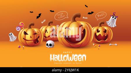 Halloween Kürbisse Zeichen Vektor Banner Design. Happy halloween Grußtext mit niedlichen, gruseligen Kürbissen in orangefarbener Einladung Stock Vektor
