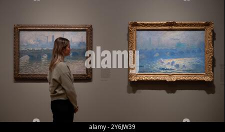 Die Courtauld Gallery, London, Großbritannien. September 2024. Eine Ausstellung impressionistischer Gemälde von Claude Monet (1840–1926) mit Blick auf die Themse wird erstmals in Großbritannien in der Courtauld Gallery in London gezeigt (27. September 2024 – 19. Januar 2025). Zu den Arbeiten gehören: Claude Monet, Waterloo Bridge, Sonnenlicht-Effekt, 1903. Denver Art Museum. Quelle: Malcolm Park/Alamy Live News Stockfoto