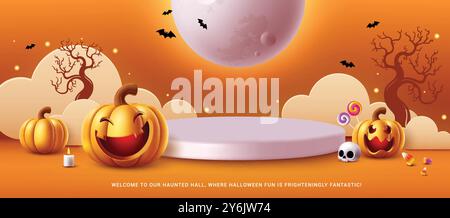 Halloween Podium Vektor Vorlage Design. Halloween Trick or Treat Podium Bühne für Produktpräsentation mit Kürbiselementen und Papierschnitt Stock Vektor