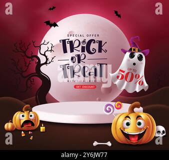 Trick or Treat Verkauf Vektor Vorlage Design. Halloween-Sonderangebot: Text mit 50 % Rabatt auf dem Podium für Werbebanner zur Produktpräsentation. Vektor Stock Vektor