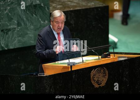 UN-Generalsekretär Guterres hält eine Rede. September 2024.die 79. Generaldebatte der Generalversammlung der Vereinten Nationen fand am 24. September 2024 im Hauptquartier der Vereinten Nationen in New York statt.Credit: Liao Pan/China News Service/Alamy Live News Stockfoto