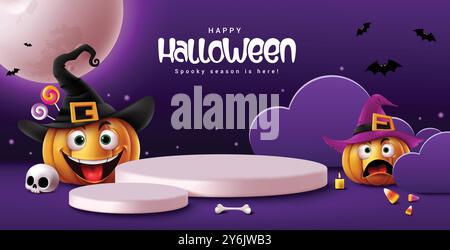 Halloween Podium Vektor Vorlage Design. Happy halloween Grußtext mit Kürbisfiguren auf dem Podium für die Werbeaktion. Vektor Stock Vektor