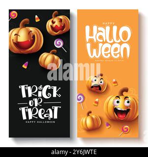 Trick or Treat Tags Vektor Set Poster Design. Happy halloween Grußtext mit lustigen und gruseligen Gesichtsausdrücken Laternen Kürbisse für den Urlaub Stock Vektor