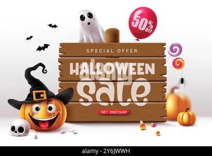 Halloween Sale Text Vektor Vorlage Design. Halloween Sale Text Sonderangebot 50 % Rabatt auf Holzbrett mit niedlichem Kürbis und Geisterfiguren Stock Vektor