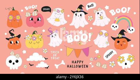 Halloween Elements Vektor Set Design. Fröhliche halloween-Tricks oder gönnen Sie sich farbenfrohe, gruselige Elemente mit niedlichem Geist und lustigem Kürbis Stock Vektor