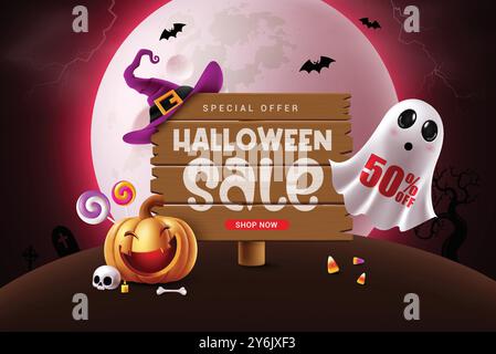 Halloween Sale Text Vektor Banner Design. Halloween-Verkaufstext auf Holzbrett mit lila Hexenhut-Element und Geist, Kürbisfiguren in gruselig Stock Vektor