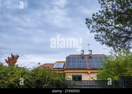 Vorderansicht eines großen Luxushauses mit Photovoltaik-Solarpaneelen auf dem Dach. Grau und bewölkter Tag. Pflanzen und Bäume im Vordergrund. Konzept von Eff Stockfoto