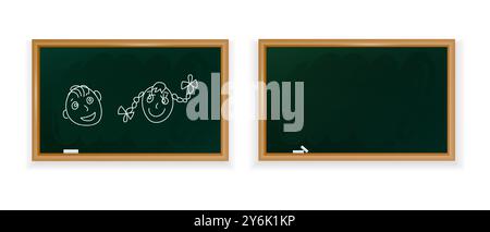 Zurück zur Schule. Zwei grüne Tafeln, eine mit einfachen kindlichen Zeichnungen eines Jungen und Mädchens, die andere leer. Für Schulungsmaterial, Schulungsraum Stock Vektor
