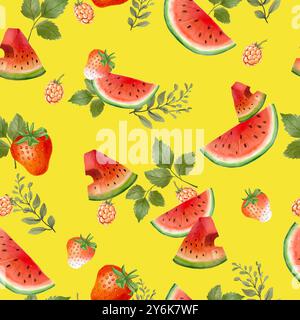 Niedliches Muster mit Wassermelonen und Erdbeeren Stockfoto