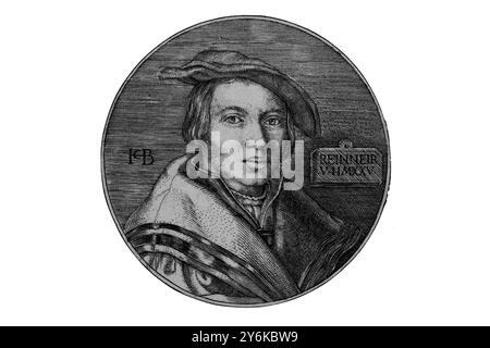 Jacob Binck. Porträt eines unbekannten Jungen mit Baskenmütze. Medaillon mit Porträt, 1525. Tiefdruckgravur. Boijmans Van Beuningen Museum. Rotterdam. Stockfoto