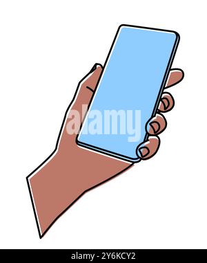 Hand halten Mobiltelefon Hand gezeichnet mit dünner Linie Stock Vektor