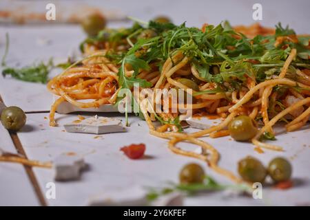 Abgefallener Teller mit Pasta auf dem Küchenboden Stockfoto