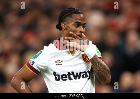 Liverpool, Großbritannien. September 2024. Der Crysencio Summerville von West Ham reagiert auf das Spiel im Carabao Cup in Anfield, Liverpool. Der Bildnachweis sollte lauten: Jessica Hornby/Sportimage Credit: Sportimage Ltd/Alamy Live News Stockfoto