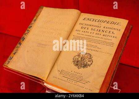 Vereinigte Arabische Emirate, Dubai, Expo 2020. Der französische Pavillon. Belichtete Enzyklopädie Stockfoto