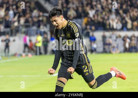 Los Angeles, Usa. September 2024. Omar Campos von Los Angeles FC feiert, nachdem er im Finale des U.S. Open Cup im BMO Stadium gegen den Sporting Kansas City Torschütze erzielt hat. Los Angeles FC 3:1 Sporting Kansas City (Foto: Ringo Chiu/SOPA Images/SIPA USA) Credit: SIPA USA/Alamy Live News Stockfoto