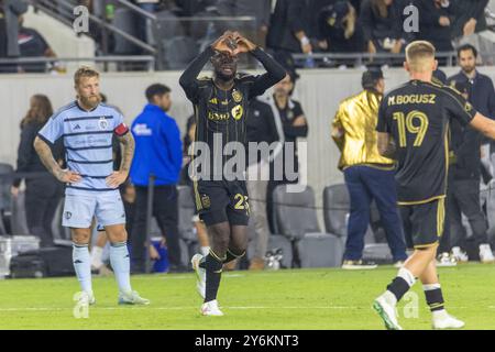 Los Angeles, Usa. September 2024. Kei Kamara (C) feiert sein Tor gegen den Sporting Kansas City während des Endspiels der U.S. Open Cup im BMO Stadium. Los Angeles FC 3:1 Sporting Kansas City (Foto: Ringo Chiu/SOPA Images/SIPA USA) Credit: SIPA USA/Alamy Live News Stockfoto