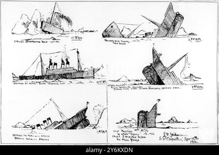 Titanic - Illustration eines Überlebenden des sinkenden Schiffes Illustrated London News 11. Mai 1912, in der das Schiff in zwei Teile zerbricht: Skizzen des sinkenden Schiffes, die John B Thayer Jun auf einem der zusammenklappbaren Boote des Schiffes anfertigte und von Mr L P Skidmore auf der Carpathia ausgefüllt wurde, unmittelbar nach der Rettung der Überlebenden. Stockfoto