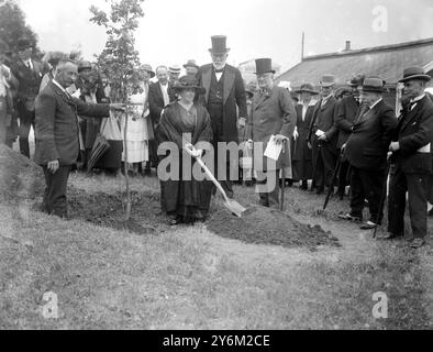 Gründertag im Alton Cripples Hospital, Hampshire. Dame Margaret, Mrs. Lloyd George pflanzt eine Eiche. Stockfoto