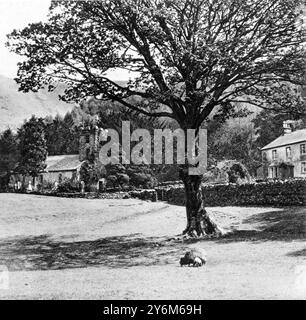 Ein Lakeland „Philae“: Mardale – Ein Dorf, das durch die Vertiefung von Haweswater als Reservoir für Manchester untergetaucht werden soll. Wahrscheinlich entfernt und an anderer Stelle wieder errichtet: Mardale Parish Church, die vermutlich die kleinste vollständige Kirche Englands ist, zwischen Eibenbäumen, die 800 Jahre alt ist. 6. Juli 1929 Stockfoto