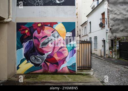 Frankreich, Paris, 75, 13 eme ARRT, La Butte aux Cailles, „Hippopotamoebius 2018“ von Philippe Baudelocque, Ölpastelltafel an der Wand, 300 x 200 cm. Stockfoto