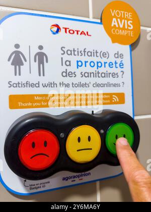 Zufriedenheitsumfrage. Smiley-Tasten mit Farbcode Stockfoto