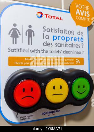 Zufriedenheitsumfrage. Smiley-Tasten mit Farbcode Stockfoto