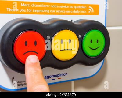 Zufriedenheitsumfrage. Smiley-Tasten mit Farbcode Stockfoto