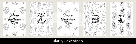 Set von Karten oder Postern mit niedlichen handgezeichneten Halloween-Illustrationen und -Grüßen Stock Vektor