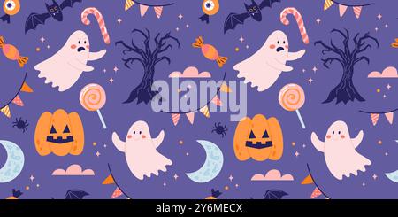 Nahtloses Halloween-Muster mit süßen Kürbissen und Geistern. Vektorabbildung in abgewickelter Form Stock Vektor