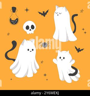 Set Halloween Geisterkatzen niedliche Kritzelfiguren in Kostümen niedliche gruselige Dekoration, Linie. Fledermaus, Sterne, Mondelemente. Tier mit schwarzem Schwanz. . Vektorabbildung Stock Vektor