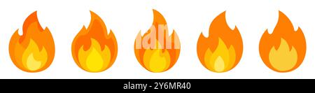 Symbol „Feuer“. Set mit bunten Flammensymbolen. Helles Symbol des Lagerfeuers. Vektorabbildung. Stock Vektor