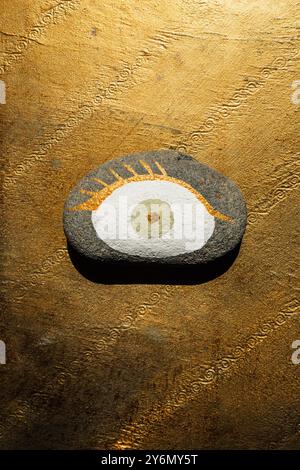 Ein handgemaltes Auge auf dem Felsen auf einem goldenen Metalltablett. Stockfoto
