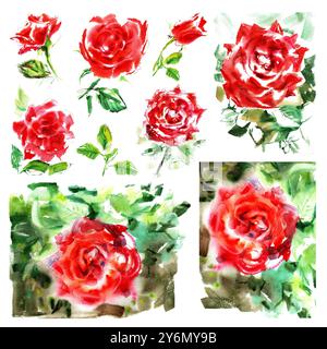 Set aus roten Rosen Arrangement mit grünen Blättern in saftigem Aquarell. Es ist handgezeichnet in saftigen Strichen von knallrotem, scharlachrot. Die Rosenblätter Stockfoto