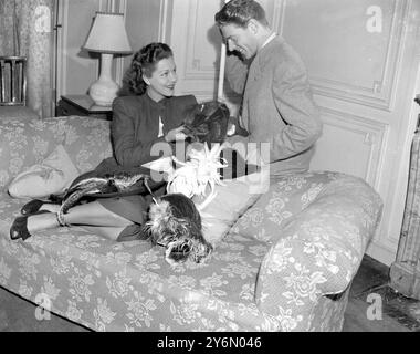 Der US-amerikanische Filmstar Maria Montez, die für die Royal Command Performance in London hier ist. Begleitet von ihrem Ehemann Jean Pierre Aumont. Hier mit einer guten Auswahl an Hüten zu sehen. 28. Oktober 1946 Stockfoto