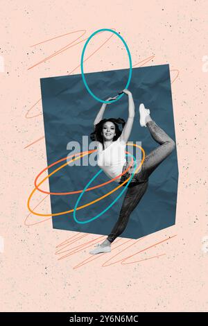 Trend-Artwork Skizzenbild Composite-3D-Foto-Collage von Gym Training Stretching Gymnast Figur Fitness Hulahoop Rotation Sportswoman Stockfoto