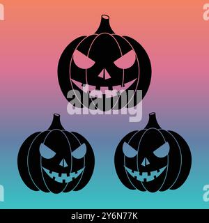 Eine schwarze Silhouette von lächelndem Halloween-Kürbis. Ein Vektorsatz, isoliert auf dem farbigen Hintergrund Stock Vektor