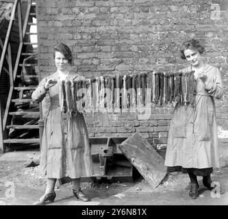 Erfassung des deutschen Farbstoffhandels (London Dye Manufacturing Co). Zum Testen der Farbe werden Wollhäute verwendet - das Foto zeigt viele Tests in verschiedenen zarten Farbtönen. 1920 Stockfoto