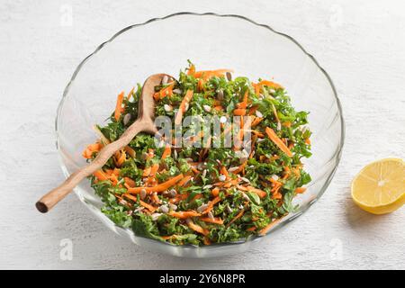 Salat mit Grünkohl, Karotten und Samen in einer transparenten Salatschüssel auf hellgrauem Hintergrund Stockfoto