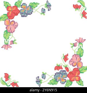 Blumenrand mit Kreuzstich, Rahmen, ukrainisches ethnisches Ornament. Blumenstickmuster, Vektorillustration. Stock Vektor