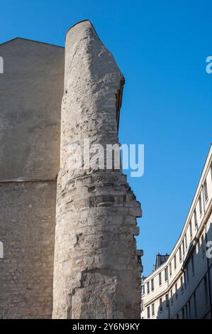 Frankreich. Paris. Bezirk 4. Le Marais. Charlemagne Street. Ruinen eines Turms der Philippe-Auguste-Anlage (1190), bekannt als Montgommery-Turm Stockfoto
