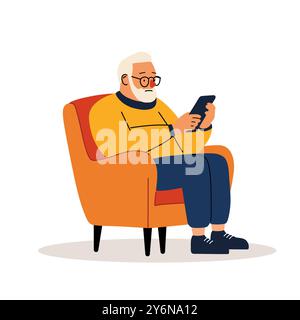 Ein älterer Mann sitzt im Sessel und liest eine Nachricht auf einem Smartphone oder Tablet. Stock Vektor