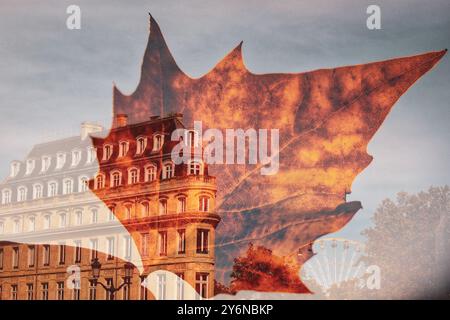 Herbstgelb gelbtes Blatt in der Hand der Frau überlagert auf dem Bild eines alten Gebäudes auf der französischen Straße. Reisen nach Frankreich im Herbst. Herbstreise nach Europa Stockfoto