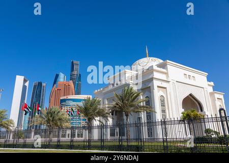 Vereinigte Arabische Emirate, Abu Dhabi. Präsidentenpalast der Vereinigten Arabischen Emirate. Qasr Al-Watan. Eingang. Stockfoto