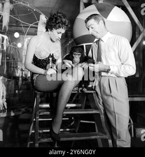 Joe DiMaggio, ehemaliger US-Baseballstar und Ex-Ehemann von Marilyn Monroe, besucht eine Freundin - die italienische Filmschauspielerin Gina Lollobrigida - am Set von „Trapeze“ im Cirque d'Hiver in Paris. Ein anderes Mitglied der Besetzung begrüßt ihn ebenfalls. DiMaggio ist auf dem Weg nach Palermo, Sizilien, dem Geburtsort seiner Eltern. August 1955 Stockfoto