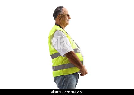 Profilaufnahme eines Reifen Sicherheitsoffiziers in einer Sicherheitsweste, isoliert auf weißem Hintergrund Stockfoto
