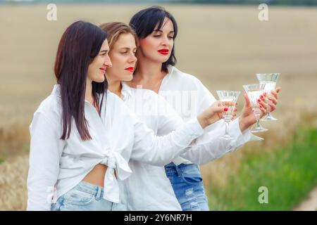 Drei glückliche Frauen genießen Weißwein und lächeln beim Picknick. Beste Freunde, schöne und stilvolle Mädchen trinken Wein und lachen. Geburtstag c Stockfoto