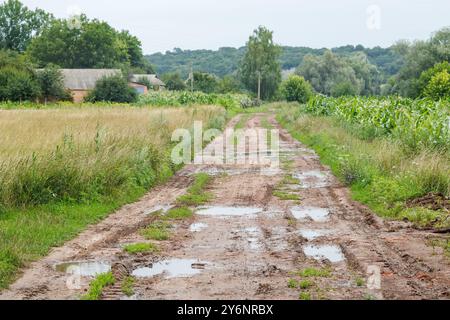 Kaputte Feldstraße im Dorf mit vielen schlammigen Pfützen nach Regen. Stockfoto