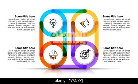 Infografik-Vorlage mit Symbolen und 4 Optionen oder Schritten. Verbundene Kreise. Kann für Workflow-Layout, Diagramm, Banner, webdesign verwendet werden. Vektor illustrr Stock Vektor