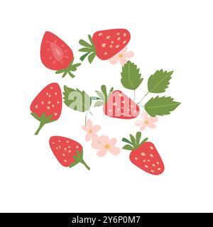 Handgezeichnetes abstraktes Erdbeerpflanzenset. Ganze Früchte, Scheiben, Stücke und Blätter, Blumen. Kann für Poster, Etiketten, Muster verwendet werden. Stock Vektor