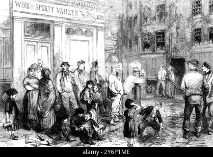 London, Straßenszene, Sonntagmorgen. 1856. London zu der Zeit, als der dänische Märchenautor Hans Christian Andersen hier wohnte. HCA kam 1847 zum ersten Mal, als er Dickens und seinen Verleger Richard Bentley kennenlernte. Das zweite Mal war er 1857, und danach blieb er für eine Woche bei Dickens. Im Jahr 2005 jährt sich Hans Christian Andersens Geburt 200 Jahre. Aus diesem Grund wird es eine globale Feier geben, um den dänischen Autor zu erinnern und zu ehren. Stockfoto